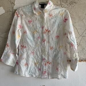 Vintage Embroidered Linen‎ White Floral Button-Up